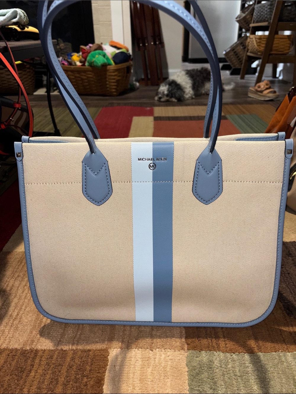 Michael Kors Beige Tote with Light and Sky Blue Center Stripes